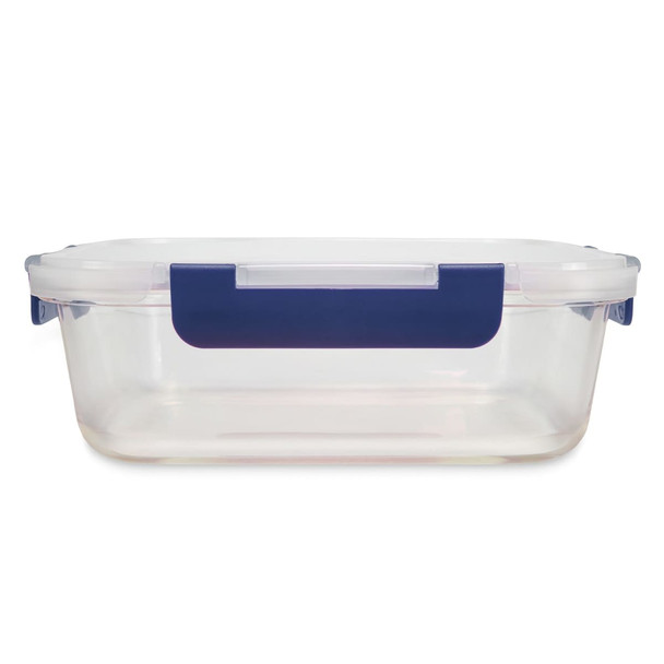 A clear lunch box with a navy blue handle, featuring a secure lid. Ideal for food storage.