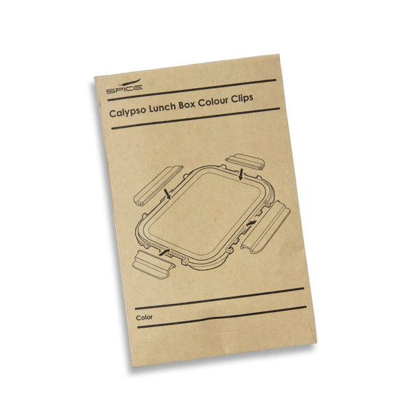 A paper instruction sheet featuring the SPICE Calypso Lunch Box with colour clips, displayed on a plain background.