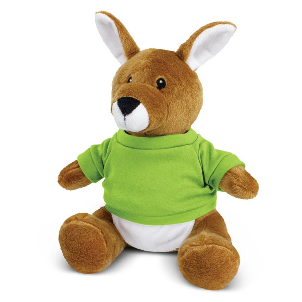A brown kangaroo plush toy wearing a green shirt, featuring soft fur and a friendly expression.