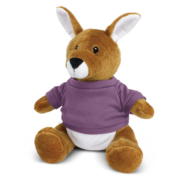 A brown kangaroo plush toy wearing a purple shirt, with large ears and a friendly expression.