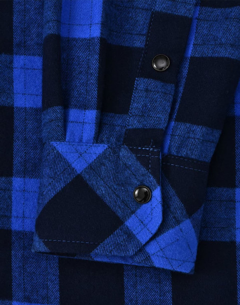 A unisex flannel plaid shirt in shades of blue, featuring button details and a checkered pattern.