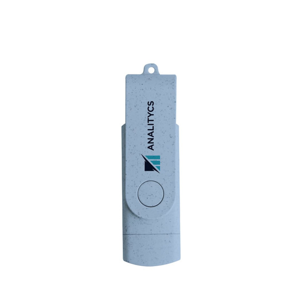 A light blue double-end eco swivel Type C flash drive with a branding logo.