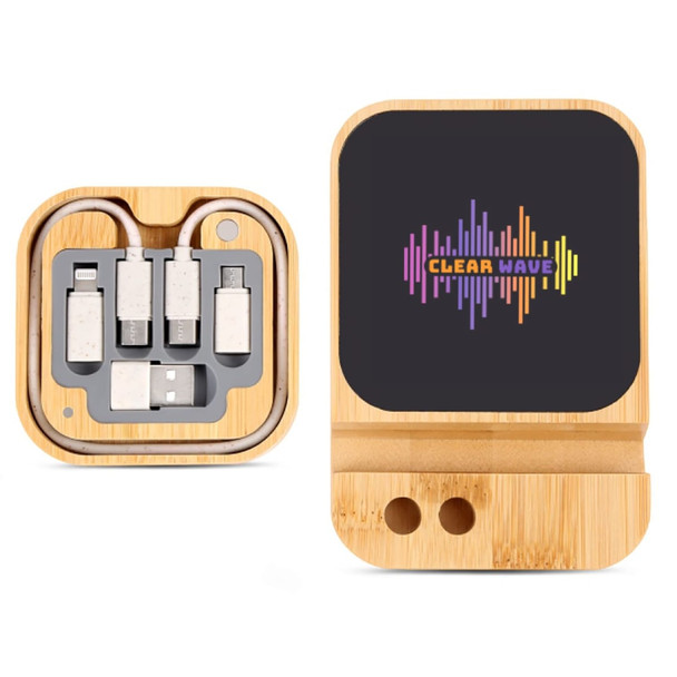 A wireless charger set in a bamboo case featuring multiple charging cables and a logo on the lid.