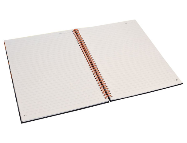A side-bound A4 notebook with lined pages and a spiral binding, featuring a black cover.