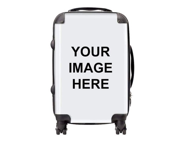 A wheeled carry-on suitcase in white with black accents and a logo. Features a handle and wheels for easy transport.