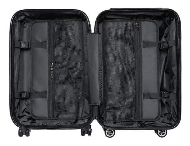 A black wheeled suitcase interior featuring two compartments with mesh pockets and straps for organisation. A black wheeled suitcase interior featuring two compartments with mesh pockets and straps for organisation.