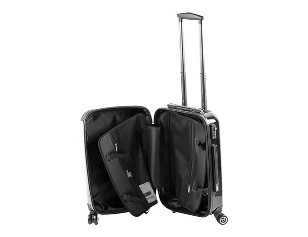 A black wheeled carry-on suitcase with a telescopic handle, open to reveal its interior compartments. A black wheeled carry-on suitcase with a telescopic handle, open to reveal its interior compartments.