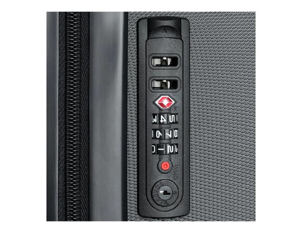 A close-up of a black carry-on suitcase's combination lock panel, featuring dials and buttons.
