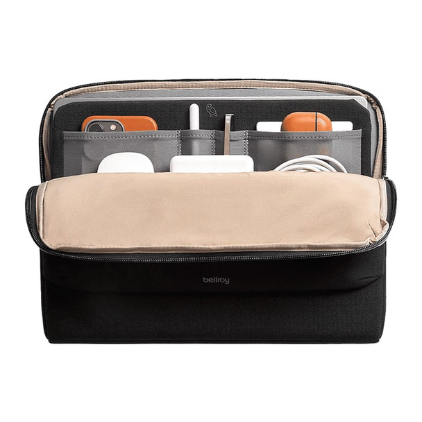 A black laptop caddy with a beige interior, featuring multiple compartments for devices and accessories.