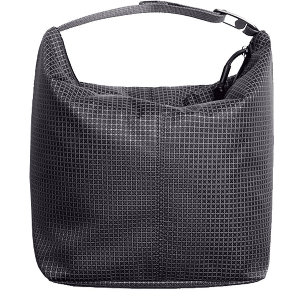 A black cooler bag with a geometric pattern, featuring a single handle and zip closure.