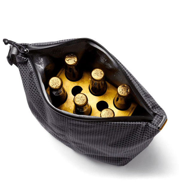 A black cooler bag containing six drink bottles, with a zippered closure and a logo visible on the outer surface.
