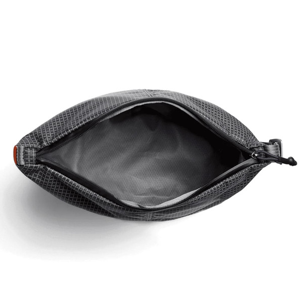 A grey cooler bag with a zippered opening, showcasing the interior lining and a branding logo.