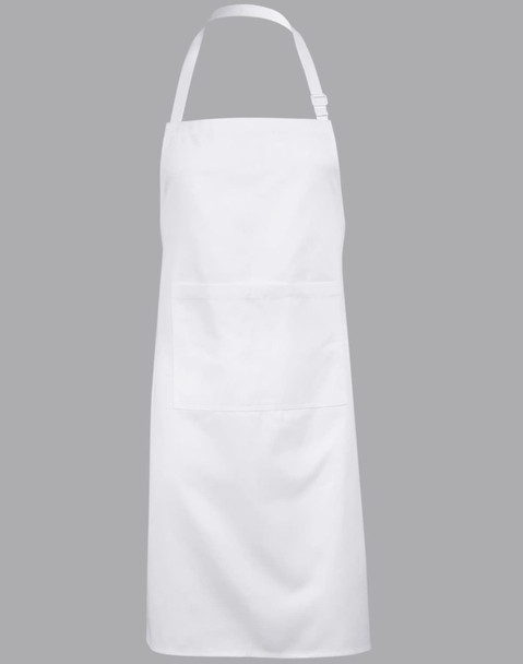 A white bib apron with adjustable neck strap and a front pocket. It features a simple design and has a logo.
