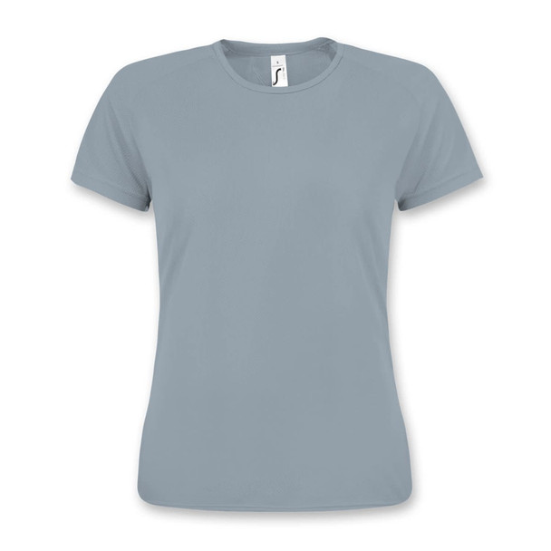 A grey sporty women's T-shirt with a round neckline and short sleeves, featuring a small logo.