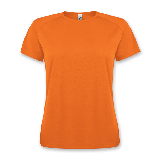 An orange sporty women's T-shirt with a round neck and short sleeves, featuring a logo.