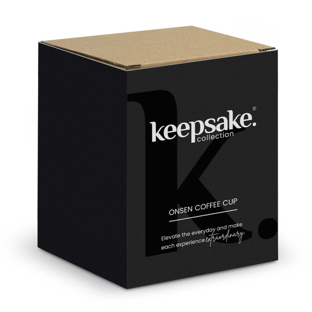 A black box containing a Keepsake Onsen Coffee Cup, featuring a logo and minimalist design.