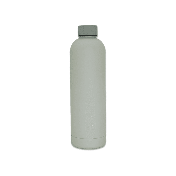 A drink bottle in a sleek, matte grey colour with a screw-top lid and branding visible.