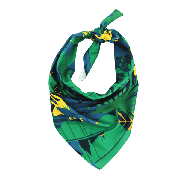 A green and blue patterned cooling bandana featuring vibrant yellow accents and a knot at the top. A green and blue patterned cooling bandana featuring vibrant yellow accents and a knot at the top.