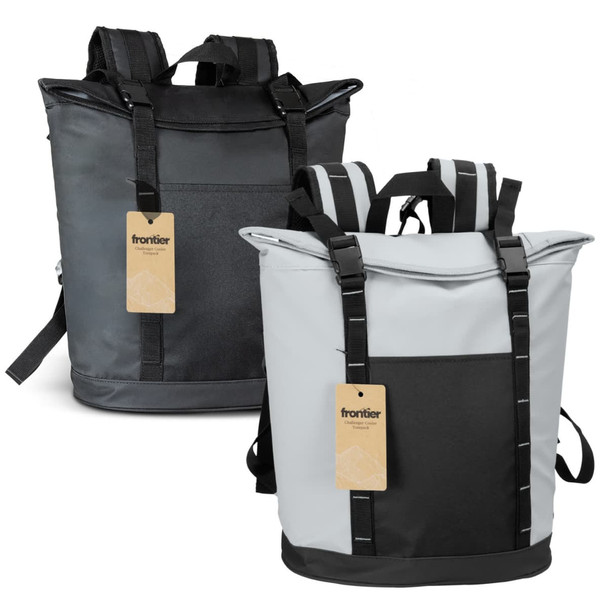 A cooler toting backpack in grey and black, featuring adjustable straps and a front pocket, with branding.