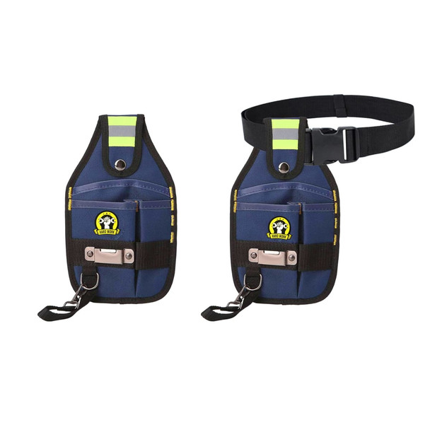 A blue portable tool waist pouch with reflective stripes, featuring pockets and a belt attachment. It has a logo.