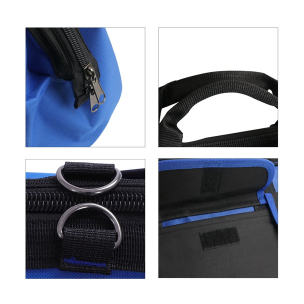 A blue tool bag featuring black zippers, handles, and interior pockets with metal rings. It has a logo displayed on the side.
