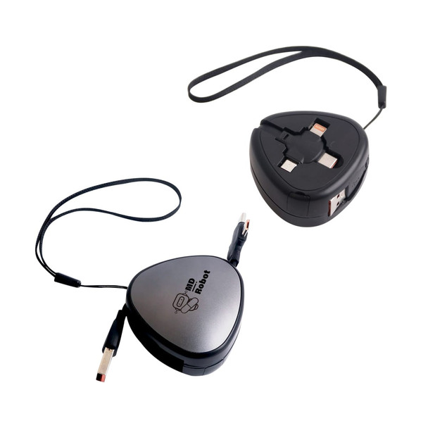 A triangular retractable portable charging cable in black and silver with a logo and a loop for easy carrying.