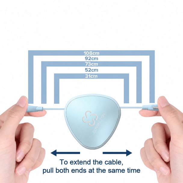 A triangular, light blue retractable charging cable with multiple length options being held by two hands.