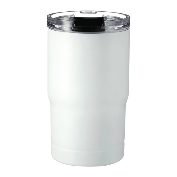A drink bottle in white with a clear lid and a logo, designed as a vacuum tumbler and cooler.