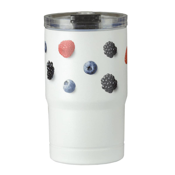 A drink bottle featuring a white exterior adorned with assorted berry illustrations and a transparent lid.