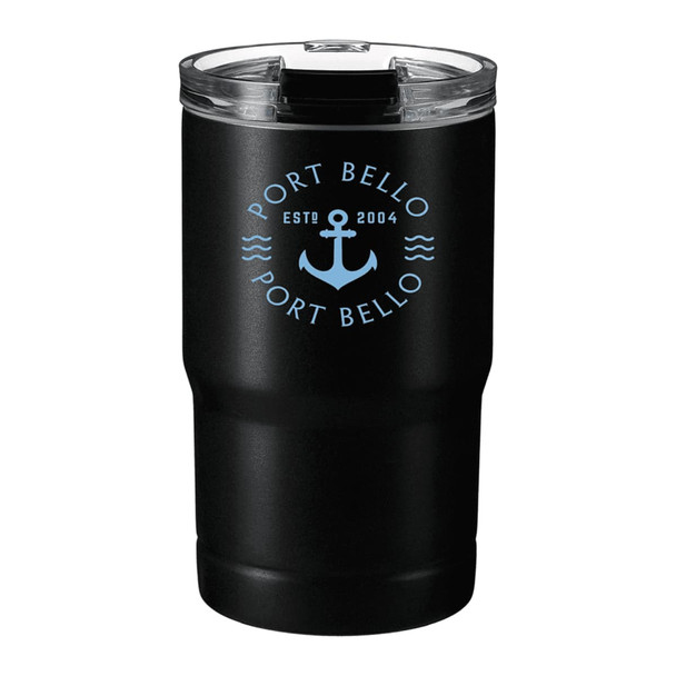 A drink bottle featuring a black exterior with a transparent lid, and a logo on the front.