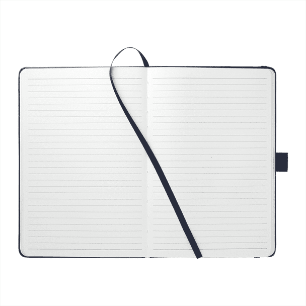 A navy recycled A5 notebook with lined pages and a black ribbon marker, featuring a bookmark.