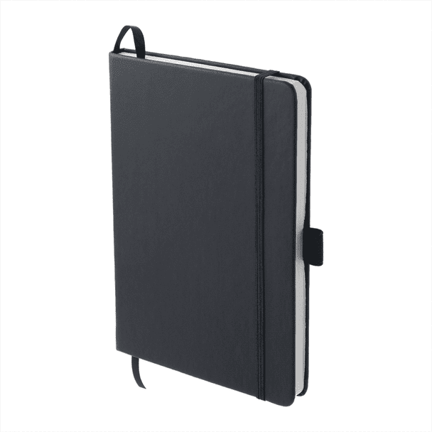 A recycled A5 notebook in black with a strap closure and a bookmark ribbon, featuring a logo.