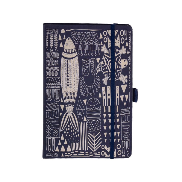 A dark blue A5 notebook with decorative white illustrations, featuring a logo on the cover.