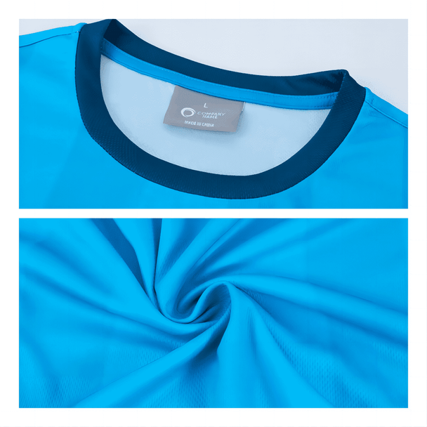 A blue 100% polyester sublimated T-shirt with a round neckline and a label showing size L.