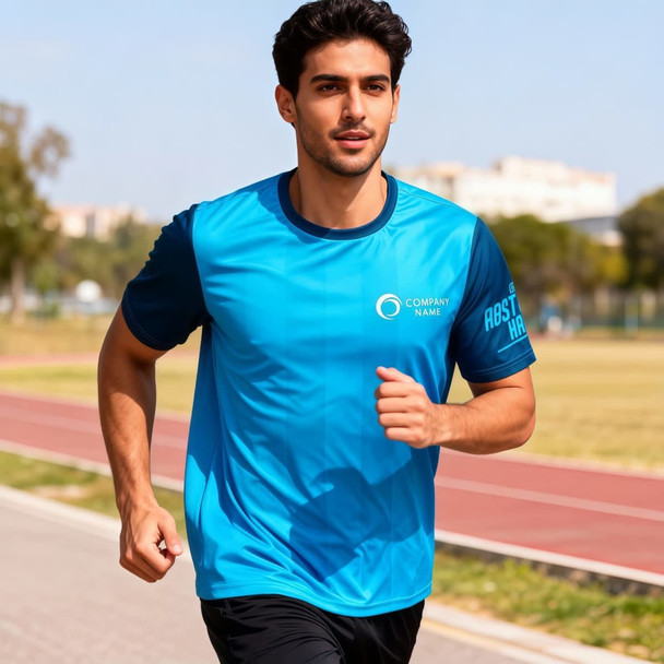 A man jogs in a vibrant blue and navy 100% polyester sublimated tee shirt with a logo on it.