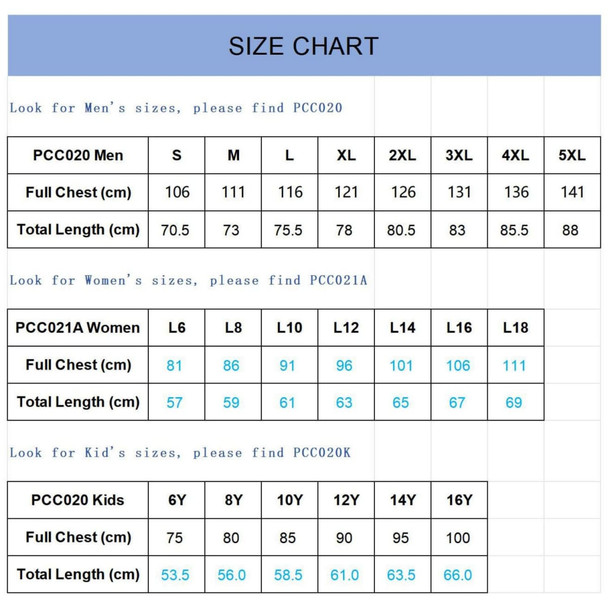 A size chart for T-shirts, detailing measurements for men's, women's, and kids' sizes in centimetres.