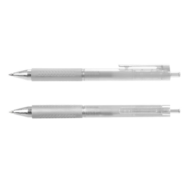 A set of two transparent gel pens with silver accents, featuring a textured grip and a clip.