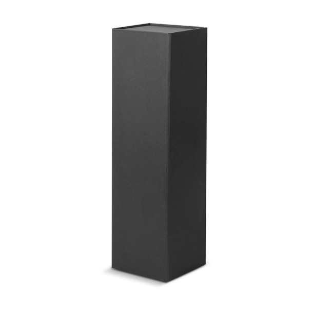 A tall, rectangular black gift box designed to hold a bottle of Malbec wine, featuring a minimalist style.