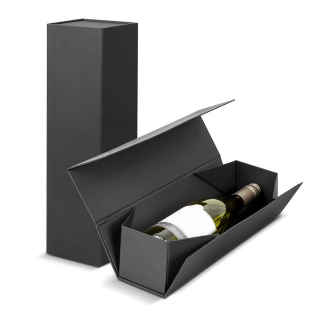 A black wine gift box with a wine bottle inside, featuring a sleek, modern design and a logo on the exterior.
