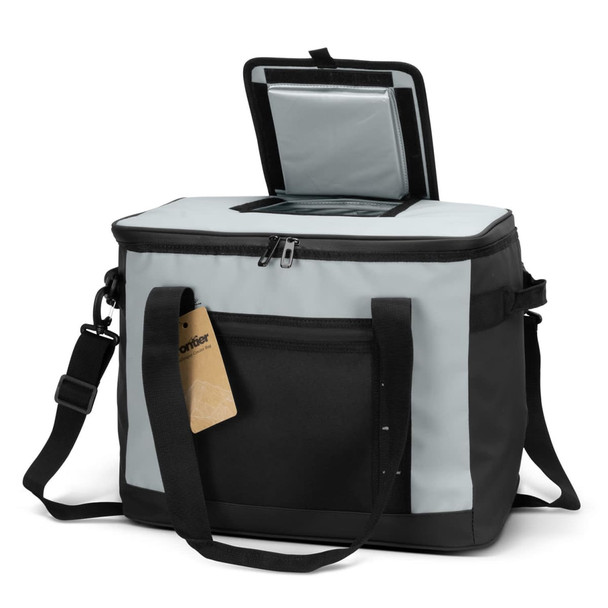 A frontier cooler bag in grey and black, featuring a zippered closure and a shoulder strap. It's designed for easy transport.