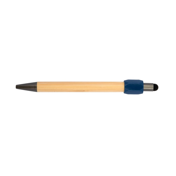 A bamboo pen with a blue rubber grip and a black ink tip, featuring a logo on the barrel.