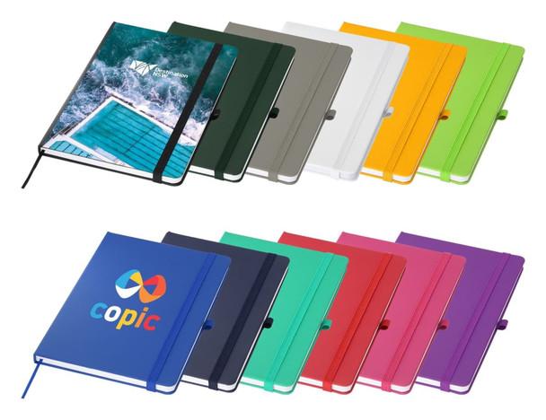A collection of Bio rPET A5 Notebooks in various colours, featuring a logo on one of the covers.