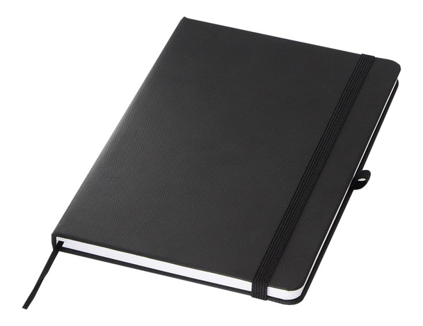 A black A5 notebook with a textured cover and an elastic band closure, featuring a ribbon bookmark.