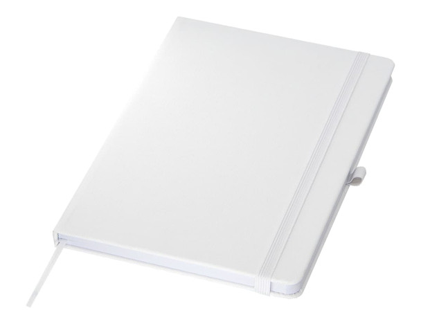 A white A5 notebook with a matching elastic band and a ribbon bookmark, featuring a logo on the cover.