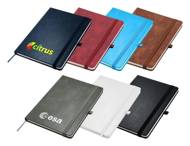 A collection of Apex A5 notebooks in various colours including black, white, brown, blue, red, and green, with logos.