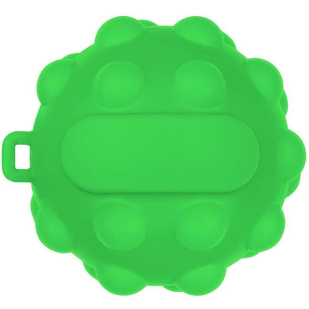A round green stress ball with a textured surface and a flat middle section, featuring a small loop for attachment.