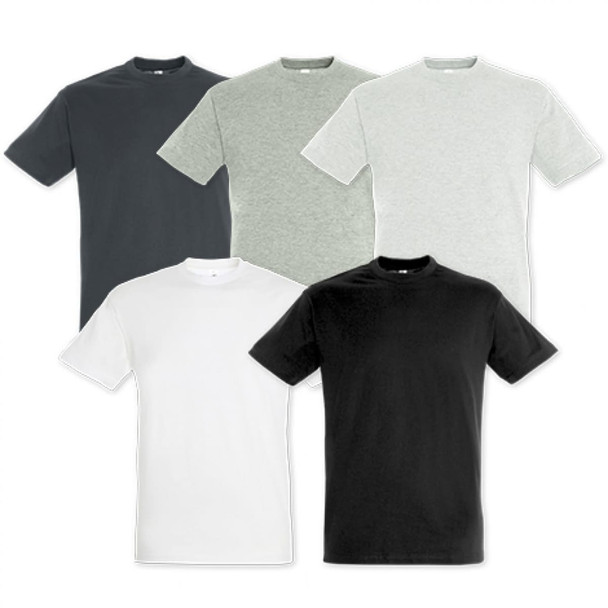 Five SOLS Regent Adult T-Shirts in black, white, grey, charcoal, and light grey, featuring a simple design with a logo. Five SOLS Regent Adult T-Shirts in black, white, grey, charcoal, and light grey, featuring a simple design with a logo.