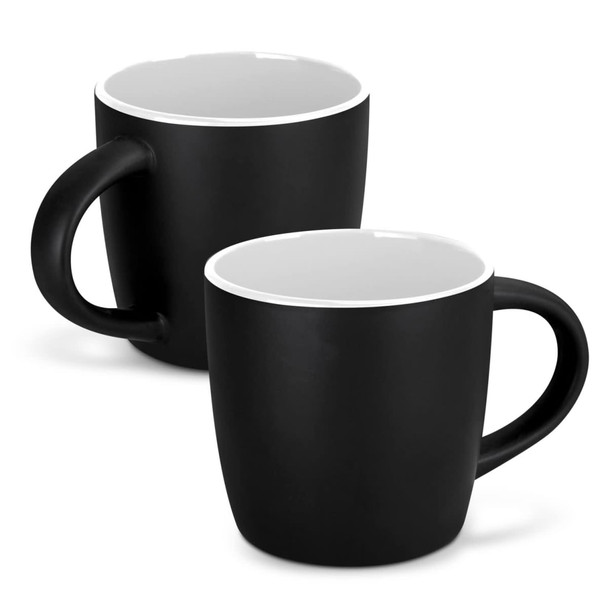 A set of two black coffee mugs with a white interior and contrasting rim, featuring handles and a simple design.
