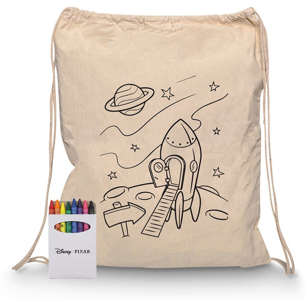 A cream drawstring bag featuring a rocket ship design, accompanied by a crayon set in various colours.