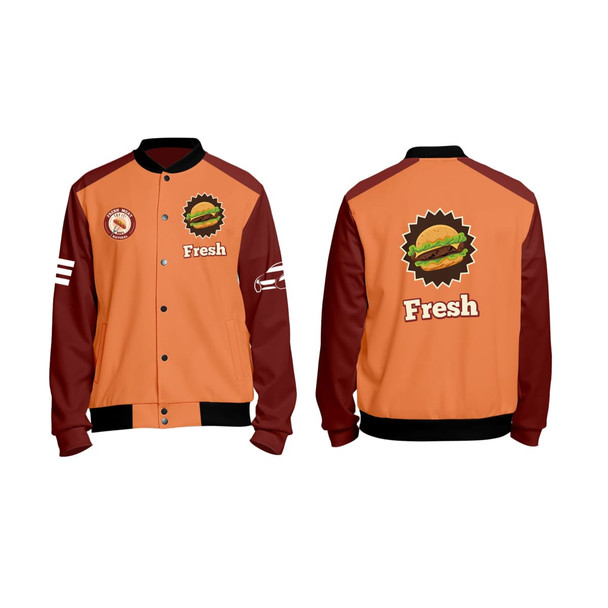 A unisex polyester varsity jacket featuring orange and maroon colours, with a logo on the front and a design on the back.